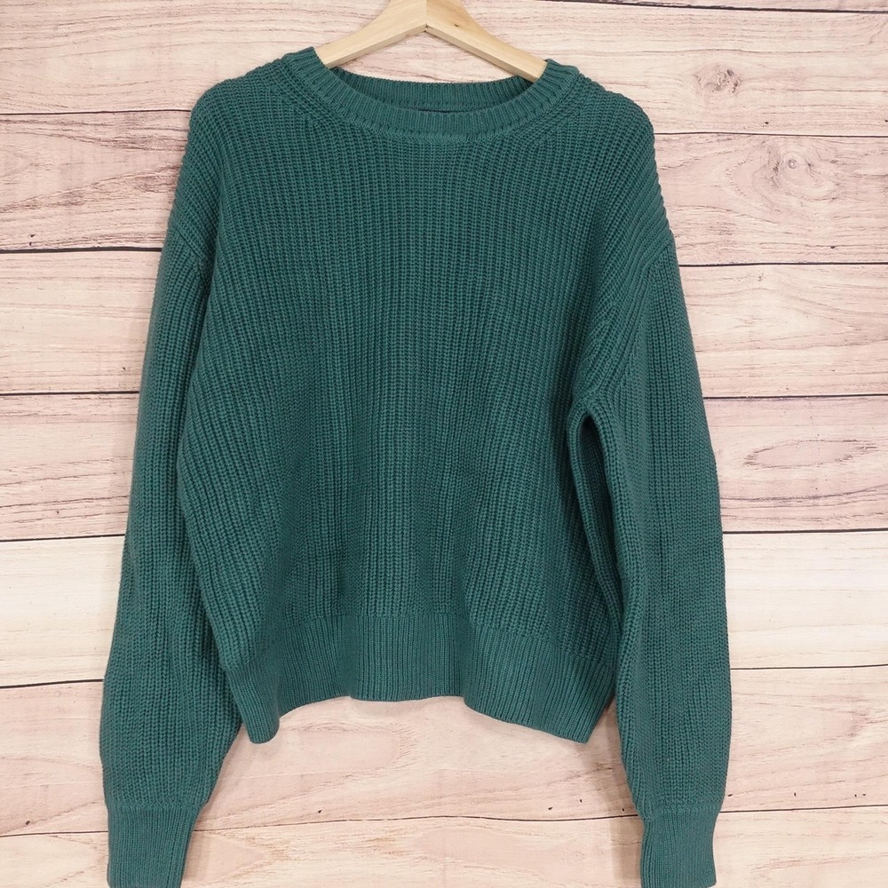 New! Gap Sweater Womens XL Green 100% Cotton Chunky-Knit Crewneck‎ Pullover